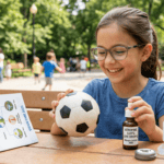 child with glasses holding soccer ball next to atropine eye drops and ortho-k lenses for myopia control in kids