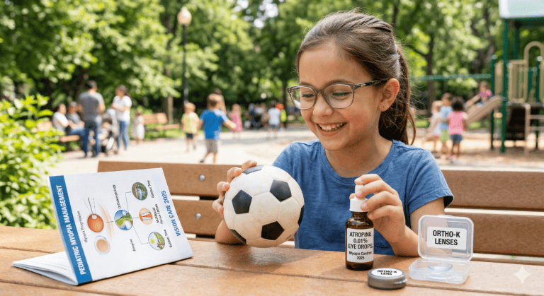 child with glasses holding soccer ball next to atropine eye drops and ortho-k lenses for myopia control in kids