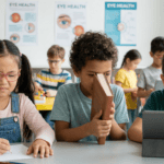 children using tablet and reading in classroom showing eye strain and screen time impact on myopia