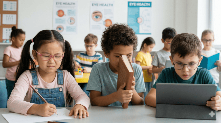 children using tablet and reading in classroom showing eye strain and screen time impact on myopia
