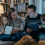 family discussing children’s eye health and myopia risk while kids use screens and read indoors
