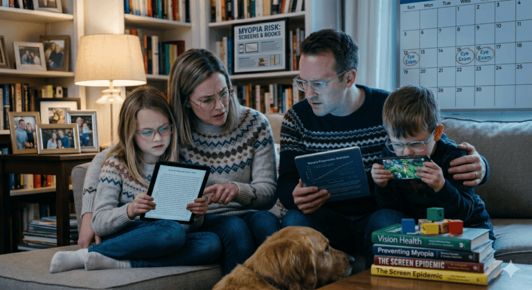 family discussing children’s eye health and myopia risk while kids use screens and read indoors