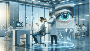 Futuristic eye exam room showcasing Glaucoma AI Eye Health technology