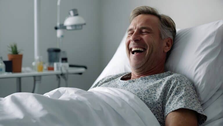 A man relaxing in a hospital bed after cataract surgery, looking comfortable and at ease.