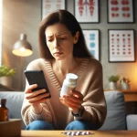 A patient holding a bottle of pills in one hand and looking at her phone with a concerned expression, searching for possible medication interactions.