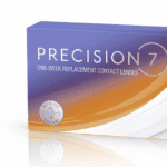 Box of Precision 7 Contact Lenses by Alcon, designed for weekly wear with advanced hydration and oxygen permeability.