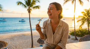 Patient enjoying clear vision after lasik eye surgery during summer.