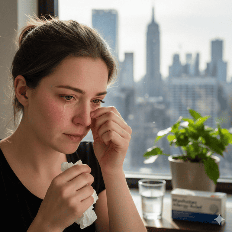 person rubbing irritated, watery eyes from allergies — common symptom of eye allergies