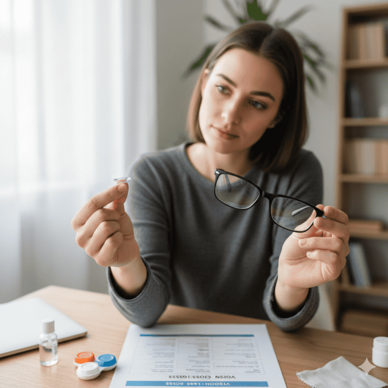 Person comparing contact lenses and eyeglasses as vision correction options.