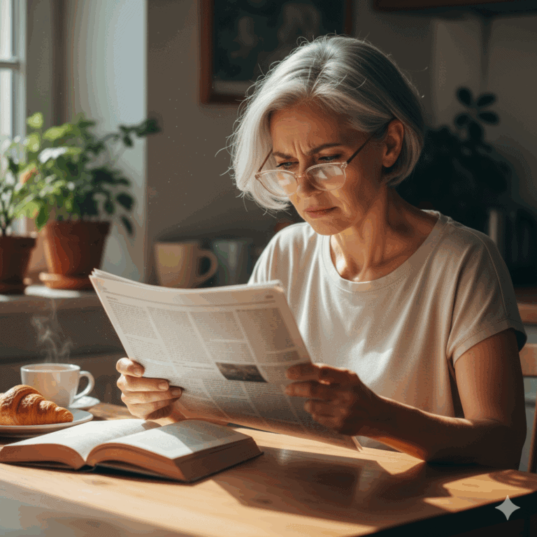 woman in her 50s struggling to read with glasses, illustrating the need for Vizz eye drop to improve eye comfort and clarity