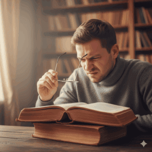 man squinting to read a book due to blurry vision needing an eye exam in NYC