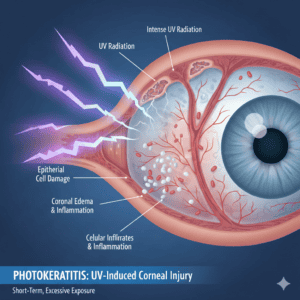 Diagram showing UV eye damage causing inflammation of the corneal surface (photokeratitis)