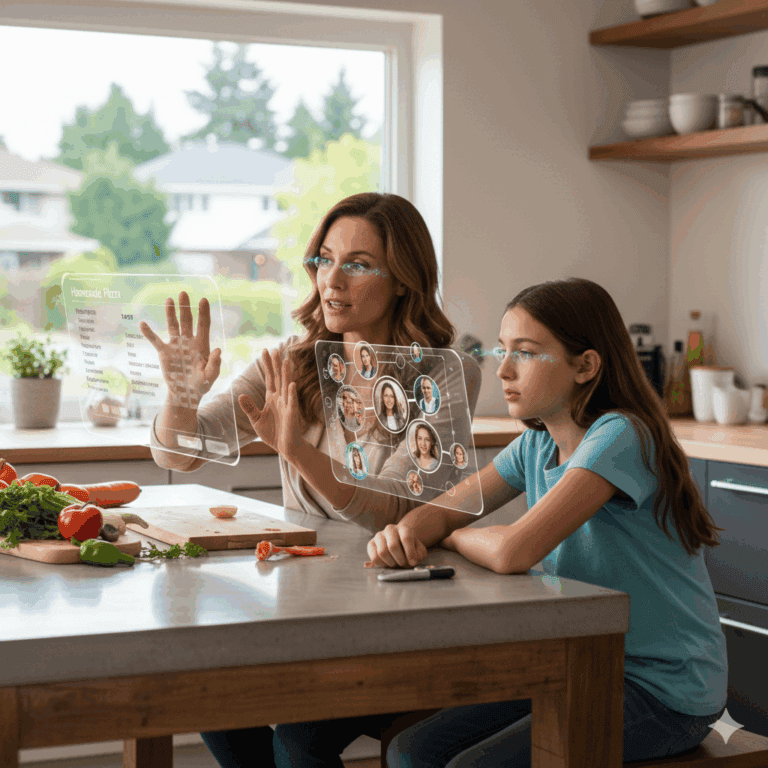 mother and daughter using smart contact lenses to view augmented reality displays while preparing food in a kitchen