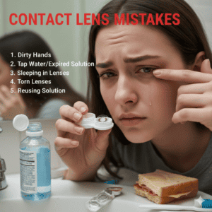 Person experiencing eye irritation after improper contact lens use, highlighting common contact lens mistakes.