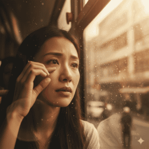 Person experiencing contact lens discomfort due to dry, irritated eyes in late summer heat.