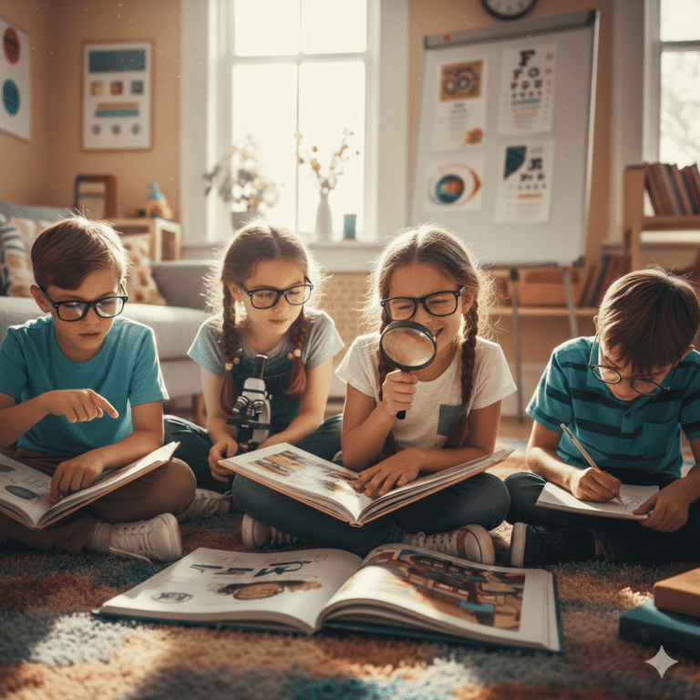children reading books indoors with magnifying glass and microscope illustrating myopia in kids and screen time impact