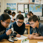 Elementary school students using a microscope and studying together in a classroom, illustrating the importance of early eye exams to detect myopia in kids.