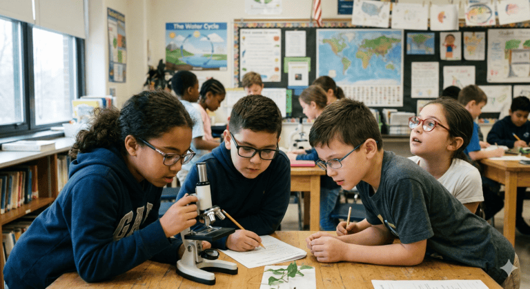 Elementary school students using a microscope and studying together in a classroom, illustrating the importance of early eye exams to detect myopia in kids.