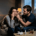 woman with dry irritated eyes in nyc apartment during winter heating while partner helps apply eye drops