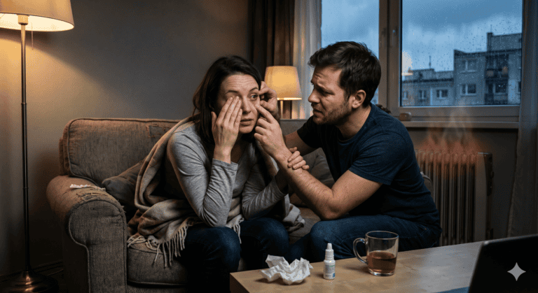 woman with dry irritated eyes in nyc apartment during winter heating while partner helps apply eye drops
