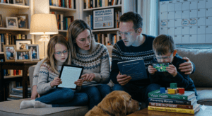 family discussing children’s eye health and myopia risk while kids use screens and read indoors