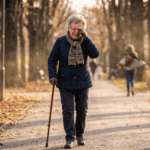 Elderly woman walking outdoors with eye irritation illustrating how wind exposure can worsen dry eye symptoms