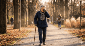 Elderly woman walking outdoors with eye irritation illustrating how wind exposure can worsen dry eye symptoms