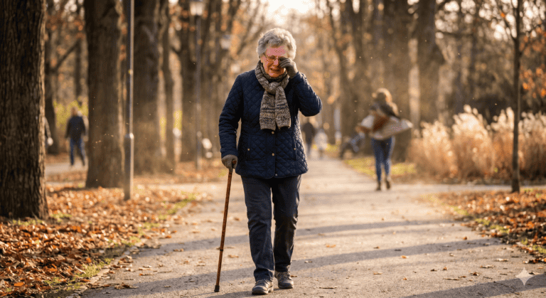 Elderly woman walking outdoors with eye irritation illustrating how wind exposure can worsen dry eye symptoms