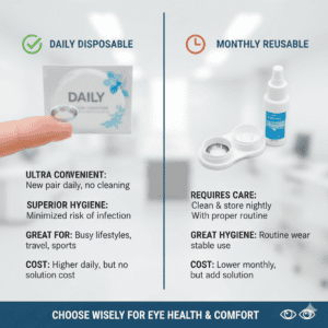 Side-by-side comparison of daily disposable and monthly contact lens options for busy lifestyles