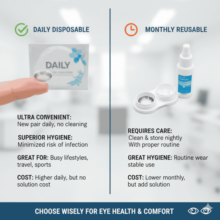 Side-by-side comparison of daily disposable and monthly contact lens options for busy lifestyles